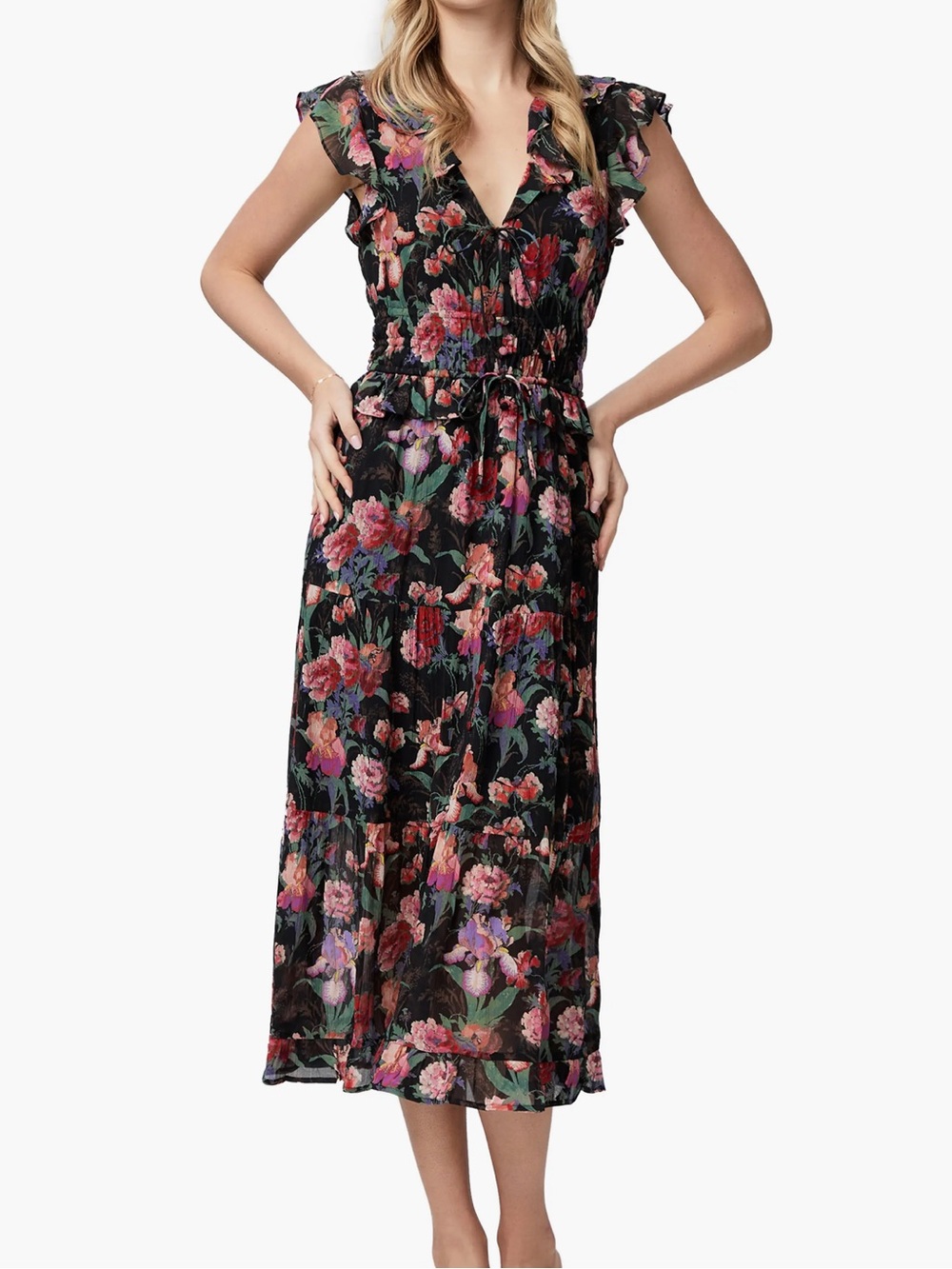 PAIGE Silk Black Floral Midi Skirt with Pink & Green Blooms